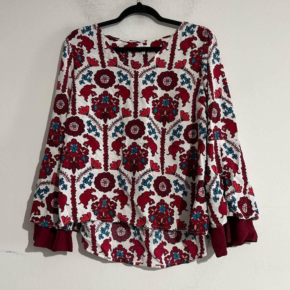 Crown & Ivy Red Elephant Geometric Print Long Sleeve Flare Sleeve Blouse XL